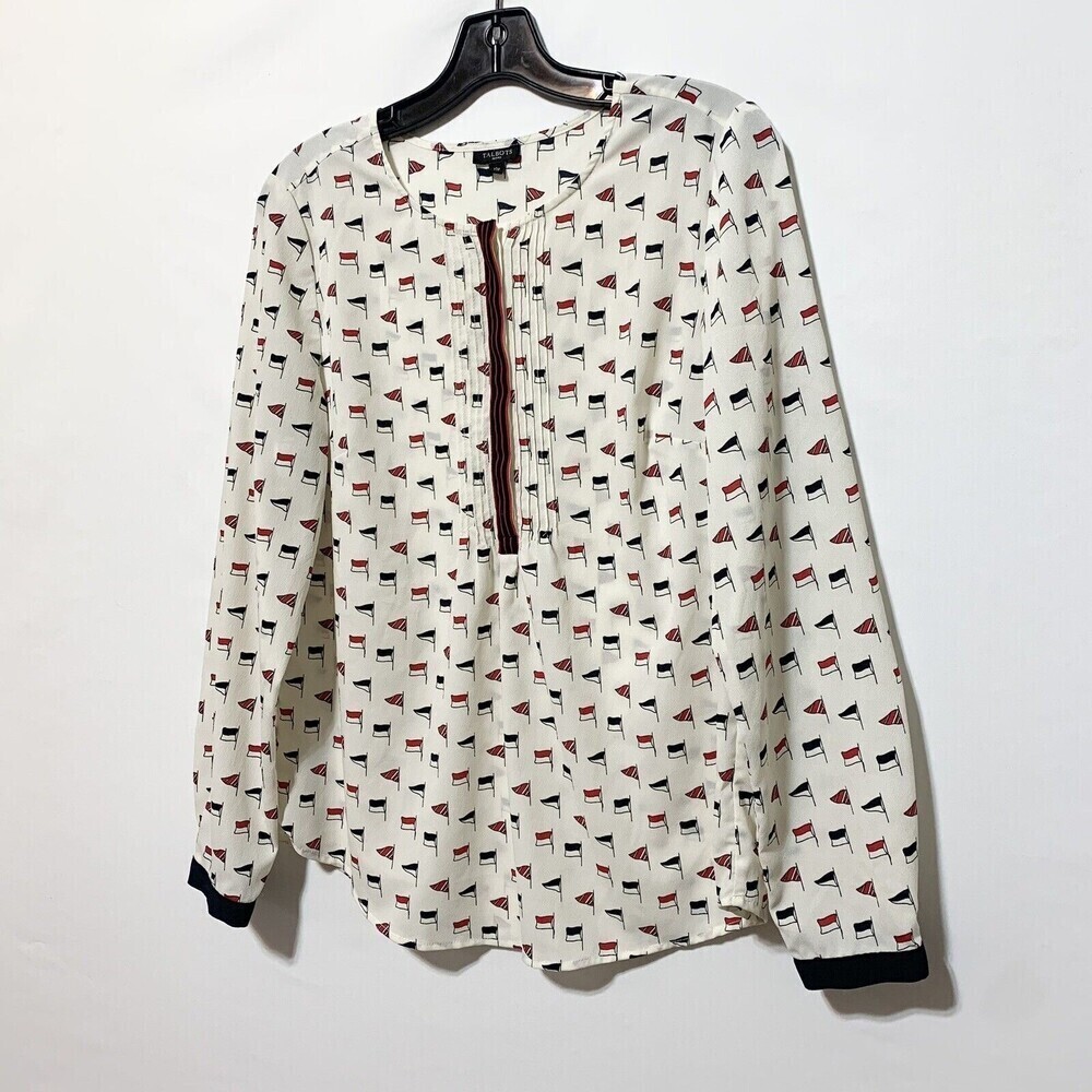 Talbots White and Black Flag Patterned Blouse with Red Trim - Picture 4 of 11